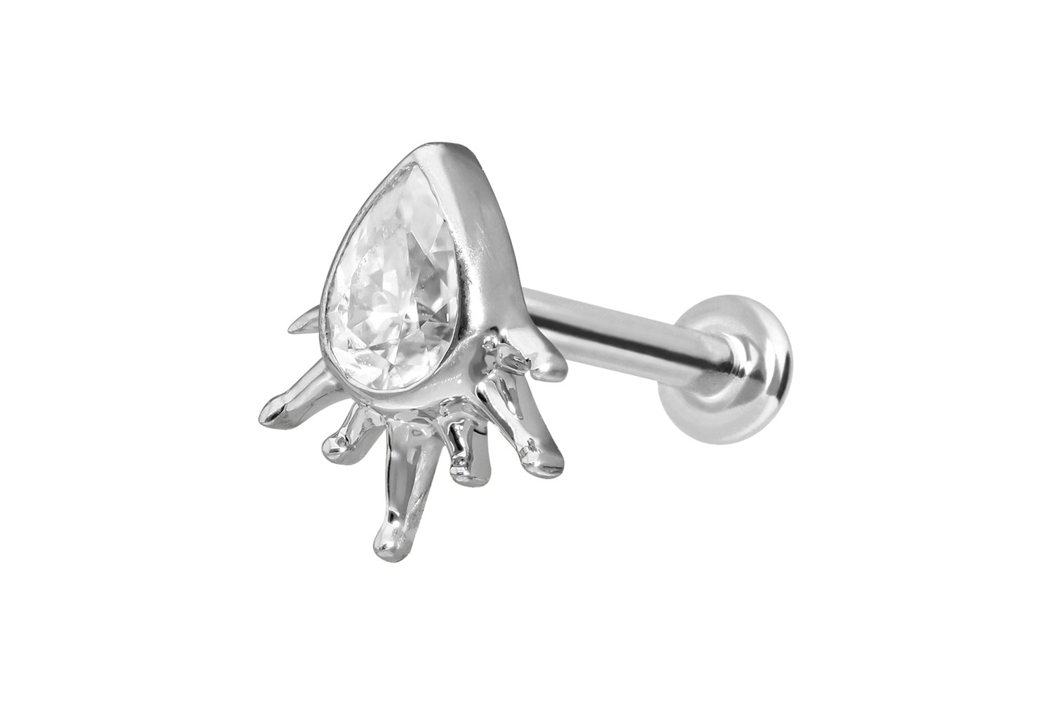 14 Karat Gold Labret Piercing mit Innengewinde MOISSANIT-TROPFEN + SONNENSTRAHLEN